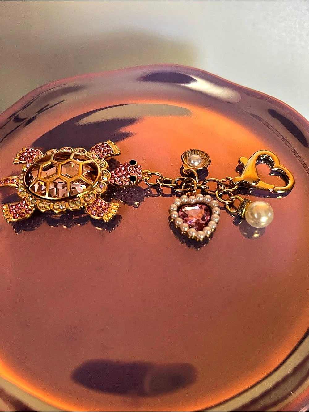 Turtle Charm Bracelet in Gold & Pink